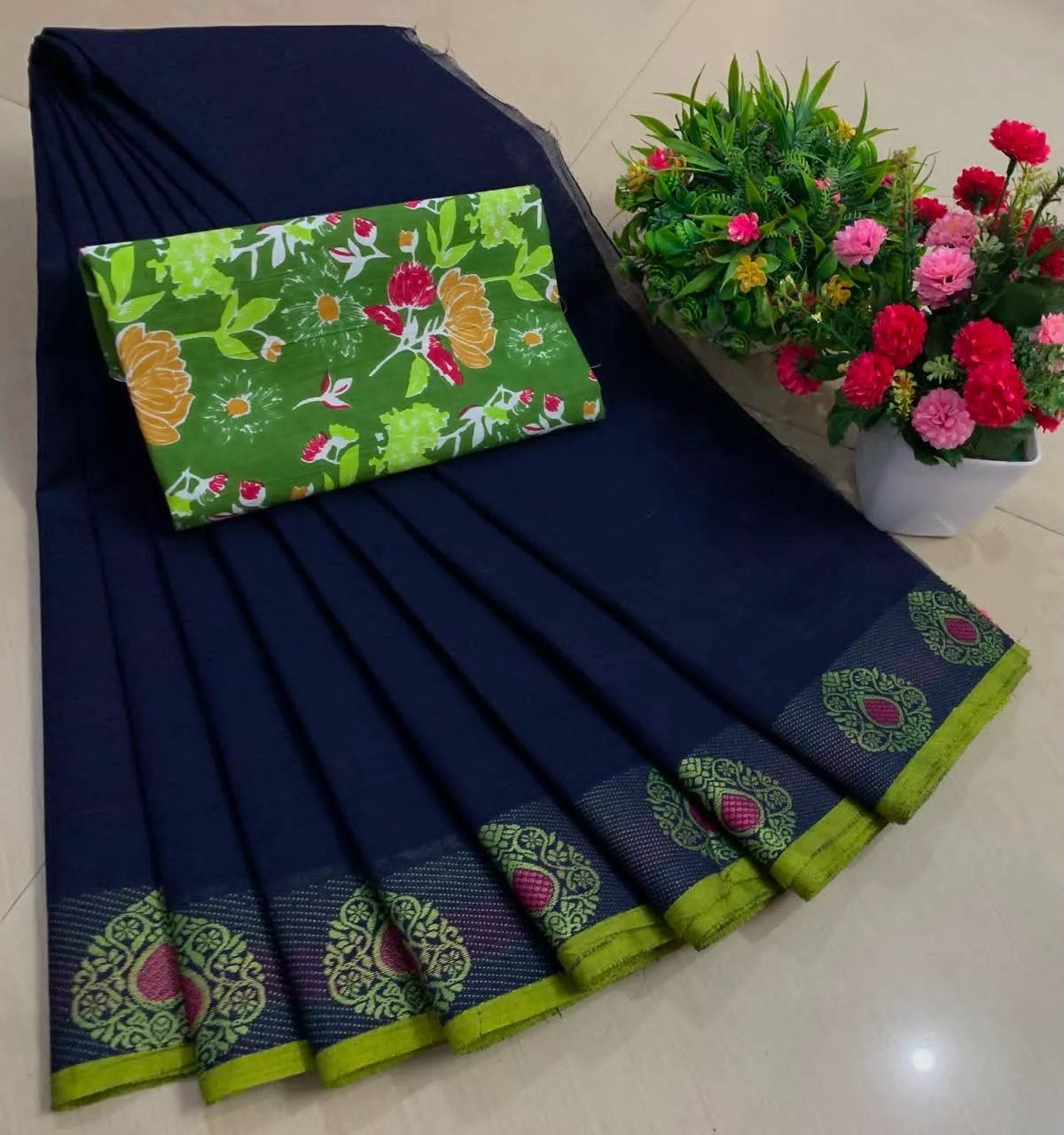 Peacock Green Chettinadu Pure Cotton Saree with Kalamkari Blouse